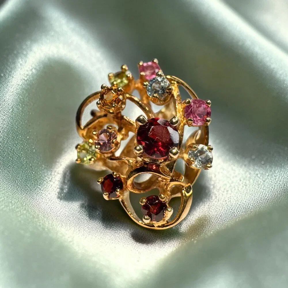 10K Gold- VINTAGE- Natural Multi Gemstone Rainbow Freeform Ring sz 7- 4g